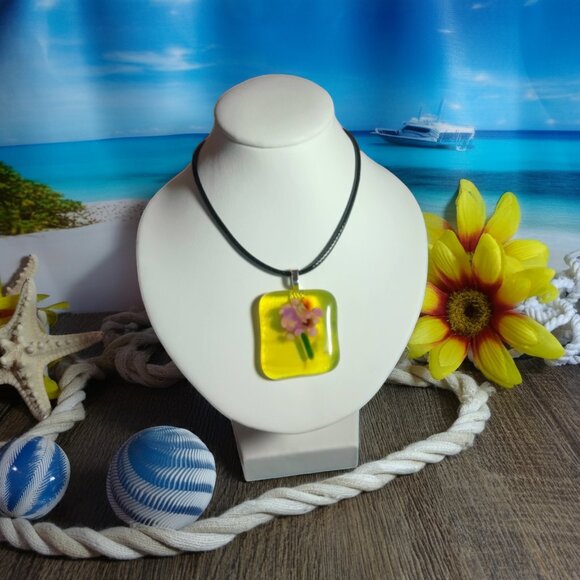 artisan Jewelry - One-of-a-Kind Yellow & Pink Nature Inspired Fused Glass Pendant Necklace